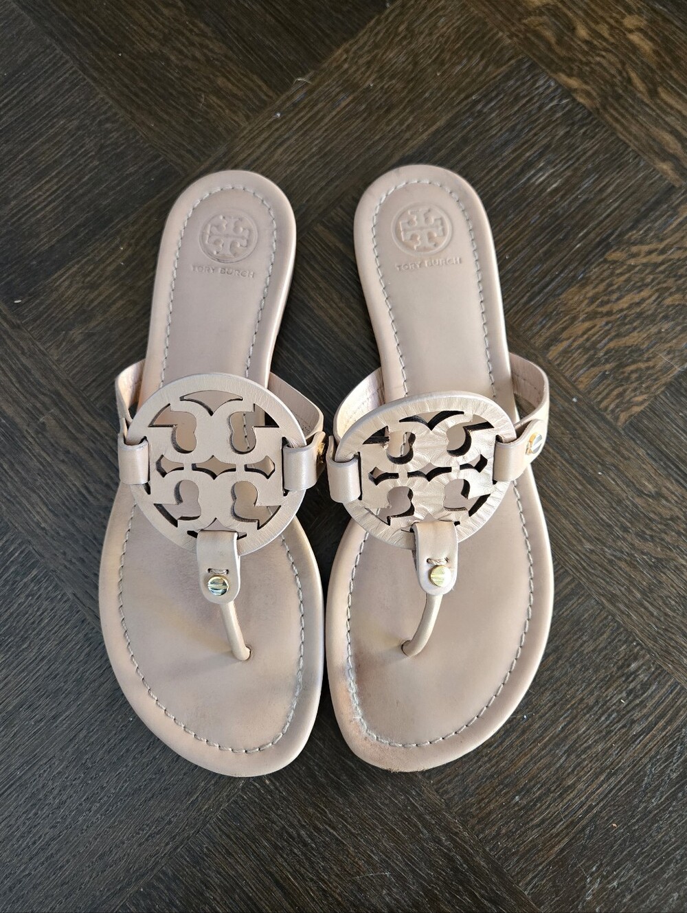 Tory Burch Women’s Pink Leather Thong Slide Sandals Slip-On Logo Size 8